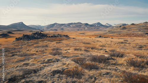 Barren tundra landscape: A minimalist view showcasing hardy vegetation in a rugged, unforgiving terrain