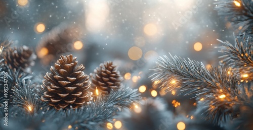 Tranquil Winter Scene with Snowflakes, Pinecones, and Glowing Lights in a Forest Setting Capturing the Essence of Holiday Spirit and Nature's Beauty photo