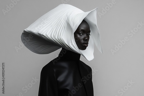 Fashion model showcasing futuristic fashion design, avant-garde couture in artistic photo shoot	 photo