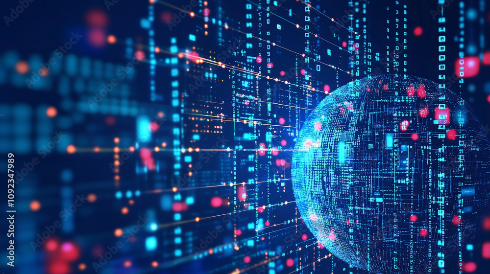 Fototapeta premium digital globe surrounded by vibrant data streams and binary code, representing technology and connectivity. pulsating colors create dynamic and futuristic atmosphere