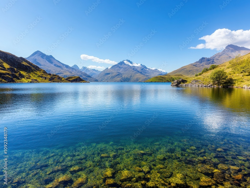 Obraz premium A serene lake surrounded by majestic mountains under a clear blue sky, reflecting the beauty of nature in vibrant colors.