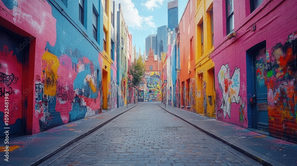 Fototapeta premium A vibrant alleyway adorned with colorful street art and graffiti, showcasing urban creativity.