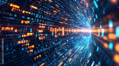 mesmerizing digital tunnel of light and data streams, showcasing vibrant blue and orange colors. This fractal design evokes sense of speed and technology