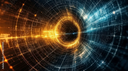 mesmerizing digital vortex with swirling orange and blue light patterns, creating sense of depth and motion. This fractal design evokes feelings of energy and dynamism