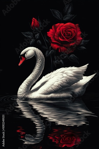 Elegant White Swan Gracefully Swimming With Red Roses photo