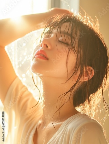 Capturing serenity a beautiful young thai girl stretching in the soft morning light