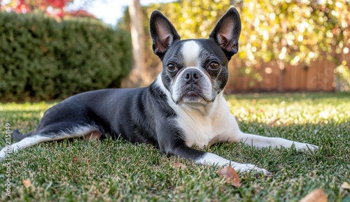 Boston terrier lying on grass with autumn colors