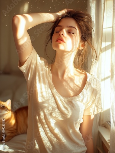 A beautiful young woman stretching in the soft morning light embracing serenity and warmth of a new day