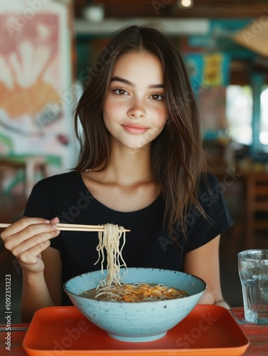 Delight in simplicity a young thai lady savoring a casual meal of noodles in a cozy atmosphere