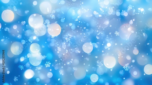 A serene winter background featuring soft blue hues, blurred snowflakes, and bokeh lights, creating a magical, snowy atmosphere.