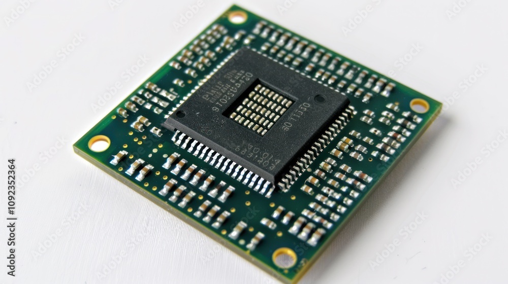 Close-up of semiconductor chip with detailed electronic components and circuits on clean white background, ideal for tech and engineering projects Close-up of semiconductor chip with detailed electronic components and circuits on clean white background, ideal for tech and engineering projects