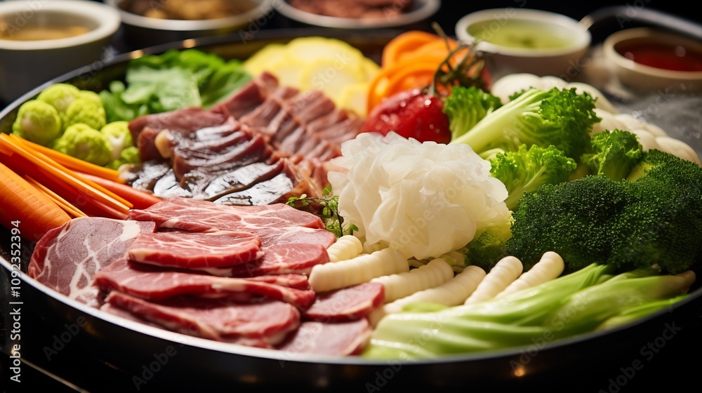 Close up of Colorful Hot Pot Dish with Various Vegetables and Meat Close up of Colorful Hot Pot Dish with Various Vegetables and Meat
