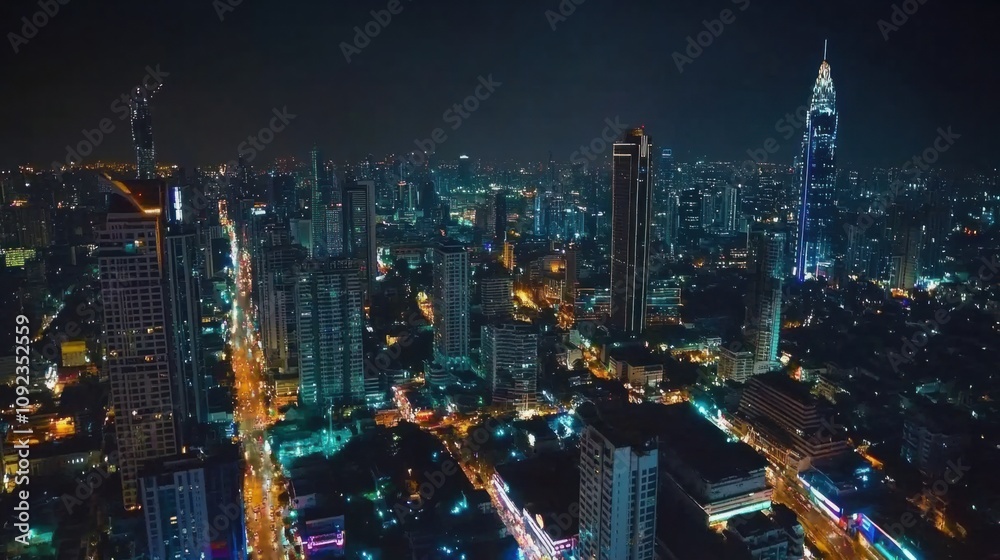 Obraz premium Night view of Bangkok's Sathorn area with brightly lit skyscrapers and busy streets below