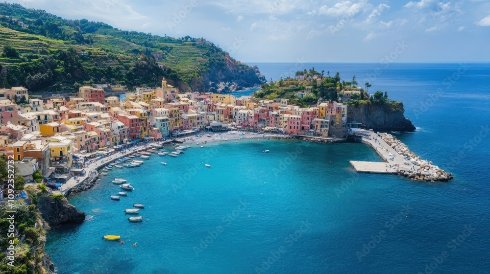 Naklejka premium Colorful Coastal Village with Turquoise Waters