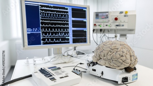Advanced neurological testing equipment in clinical setting. Precision tools for brain function assessment, medical diagnostics, and patient care.
