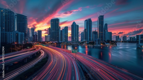 Miami Cityscape at Sunset with Long Exposure of Traffic