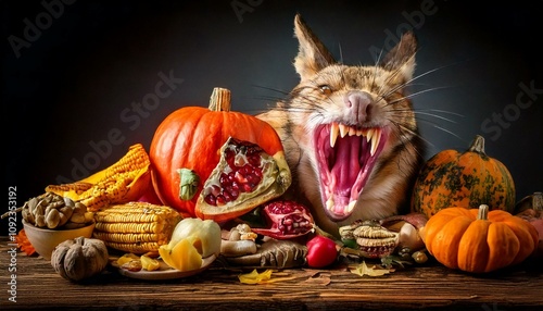 Thanksgiving is Funny with an Animal Laugh Meme, Super Funny and Messy Decorated Food, AI-Generated photo