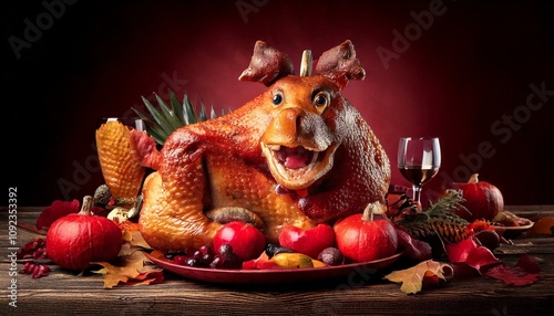 Thanksgiving is Funny with an Animal Laugh Meme, Super Funny and Messy Decorated Food, AI-Generated photo