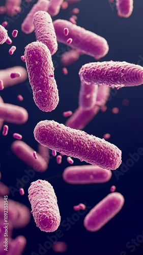 Microscopic view reveals numerous rod-shaped bacteria suspended in a dark background photo