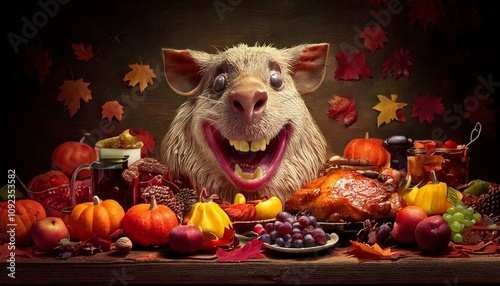 Thanksgiving is Funny with an Animal Laugh Meme, Super Funny and Messy Decorated Food, AI-Generated photo