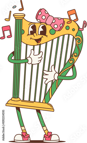 Cartoon retro funny Irish harp groovy character for Saint Patrick Day holiday, vector personage. Harp groovy character with funky face smiling and playing on strings for Irish St Patrick Day holiday