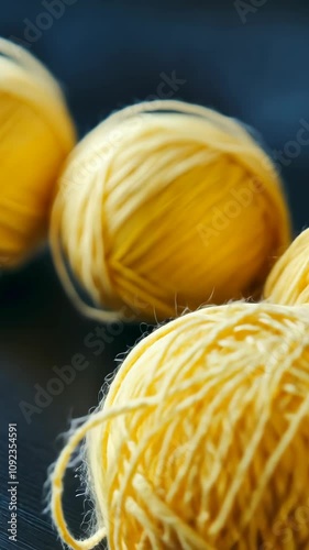 Three balls of pale yellow yarn rest on a dark surface photo