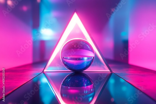 Neon geometric composition with glowing triangle and reflective sphere