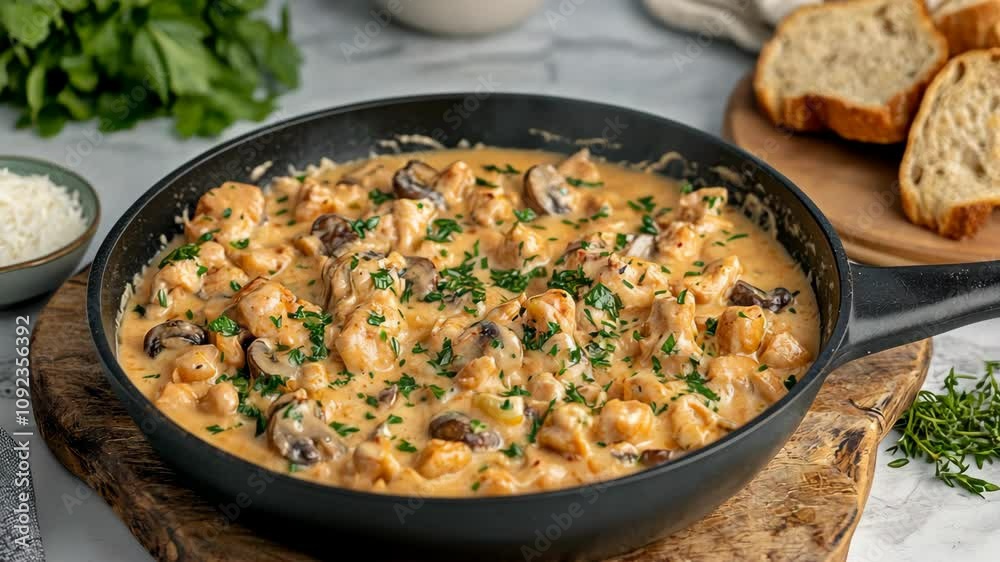 A black skillet filled with a creamy chicken and mushroom dish sits on a wooden board A black skillet filled with a creamy chicken and mushroom dish sits on a wooden board