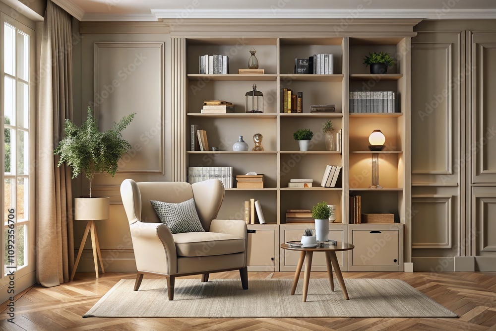 Fototapeta premium Elegant Minimalist Beige Room Featuring a Stylish Bookcase and Cozy Armchair, Perfect for Relaxation and Reading in a Contemporary Setting