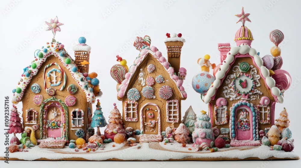 Fototapeta premium Christmas gingerbread house in snow town,Cookie and candy house with christmas tree,holiday greeting season,gift for Christmas day,Merry Christmas,happy new year concept,copy space.