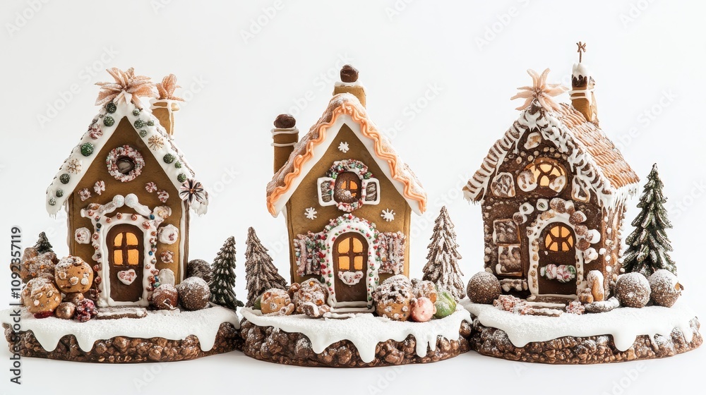 Fototapeta premium Christmas gingerbread house in snow town,Cookie and candy house with christmas tree,holiday greeting season,gift for Christmas day,Merry Christmas,happy new year concept,copy space.