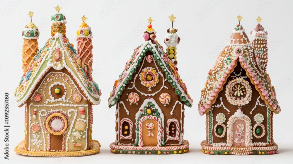 Fototapeta premium Christmas gingerbread house in snow town,Cookie and candy house with christmas tree,holiday greeting season,gift for Christmas day,Merry Christmas,happy new year concept,copy space.