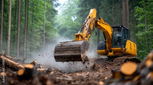 Heavy yellow excavator performing logging operations in a lush green forest, showcasing powerful machinery clearing trees with dust and debris scattering around.