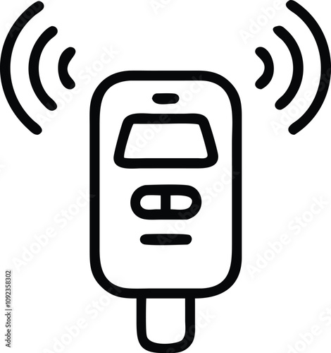 Wireless Remote Control Icon Design, Black line art of a wireless remote control with signal waves, representing smart device operation, automation, and connectivity.
