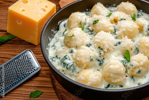 A tray of pasta with blue cheese and a block of yellow cheese