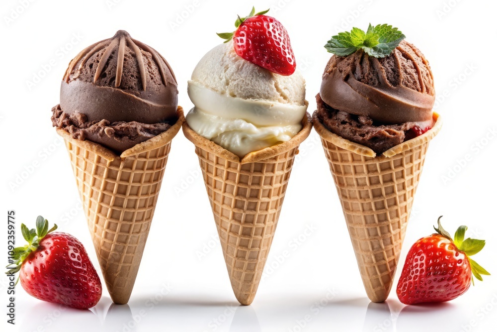 Delightful Edible Ice Cream Cone with Three Scoops of Vanilla, Chocolate, and Strawberry Isolated on a Clean White Background for Food and Dessert Photography Delightful Edible Ice Cream Cone with Three Scoops of Vanilla, Chocolate, and Strawberry Isolated on a Clean White Background for Food and Dessert Photography