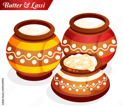 Butter & Lassi in Earthen Pots or Matkas - Desi Isolated Graphic 