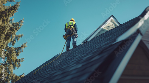Roofer conducting a detailed roof inspection under bright daylight