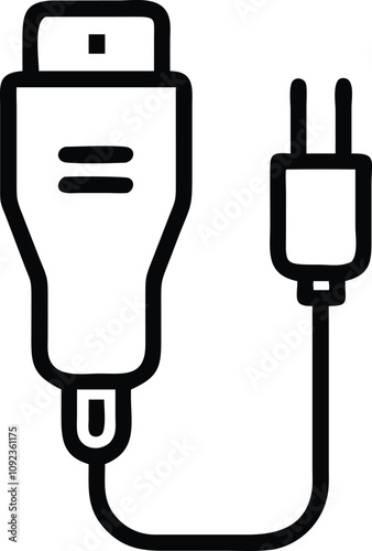 Car Charger Line Art Icon, Black and white line illustration of a car charger with a cable and plug, ideal for technology or automotive accessory themes.  
