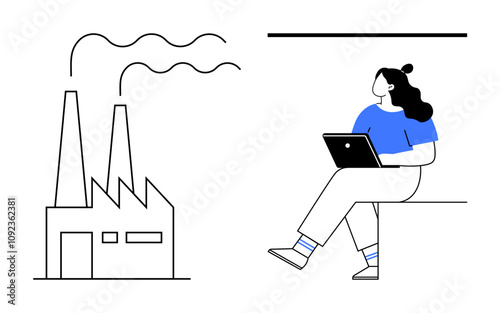 Woman using a laptop seated next to a factory emitting smoke. Ideal for remote work, industrial oversight, pollution control, environmental awareness, technology integration, work-life balance