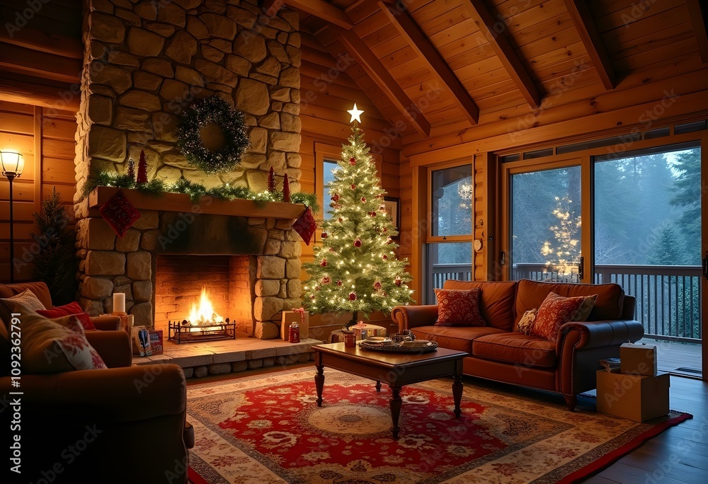 a large wooden house, the fireplace is lit, next to the fireplace there is a pine tree decorated for Christmas, around the tree there are boxes and packages of souvenirs. the living room is brightly d a large wooden house, the fireplace is lit, next to the fireplace there is a pine tree decorated for Christmas, around the tree there are boxes and packages of souvenirs. the living room is brightly d
