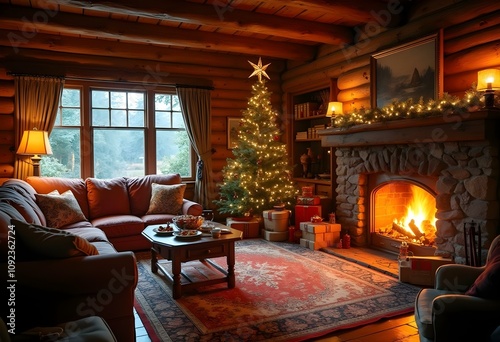 a large wooden house, the fireplace is lit, next to the fireplace there is a pine tree decorated for Christmas, around the tree there are boxes and packages of souvenirs. the living room is brightly d