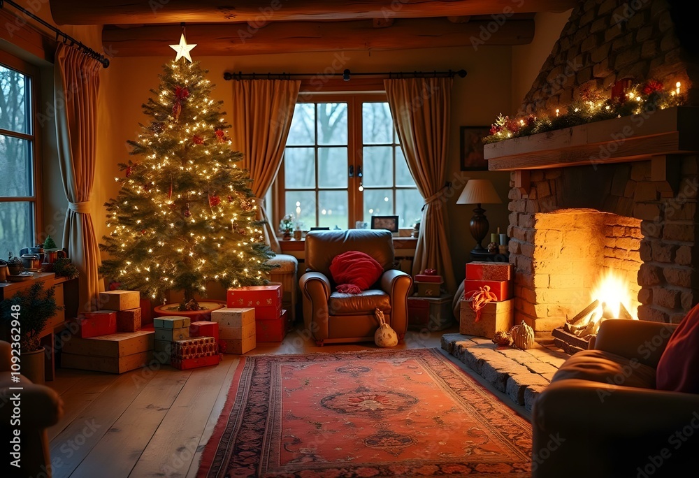 a large wooden house, the fireplace is lit, next to the fireplace there is a pine tree decorated for Christmas, around the tree there are boxes and packages of souvenirs. the living room is brightly d