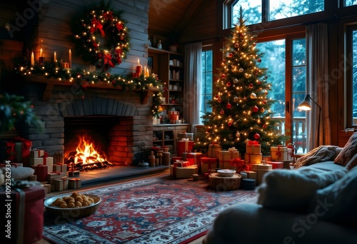 a large wooden house, the fireplace is lit, next to the fireplace there is a pine tree decorated for Christmas, around the tree there are boxes and packages of souvenirs. the living room is brightly d