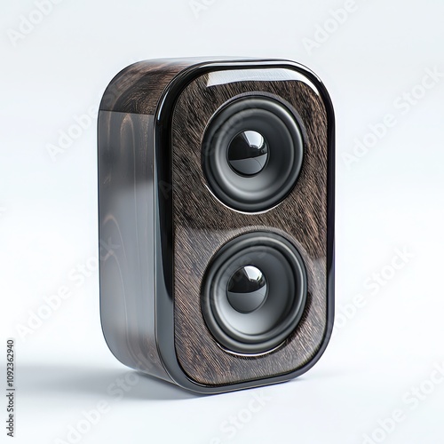 Modern wooden bluetooth speaker with dual drivers on minimalist background photo