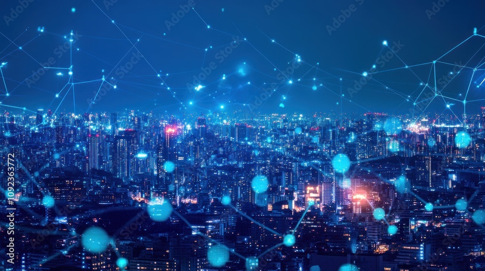 Obraz premium Night Cityscape with Network Connection