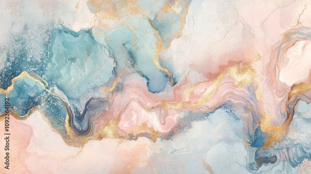 Fototapeta premium Marble texture, abstract swirls, pastel pink and blue hues, subtle gold accents