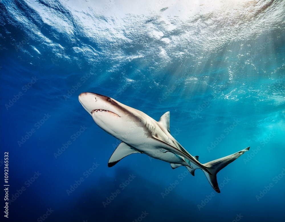 Fototapeta premium Gliding Below: A Shark's World Sea from Above