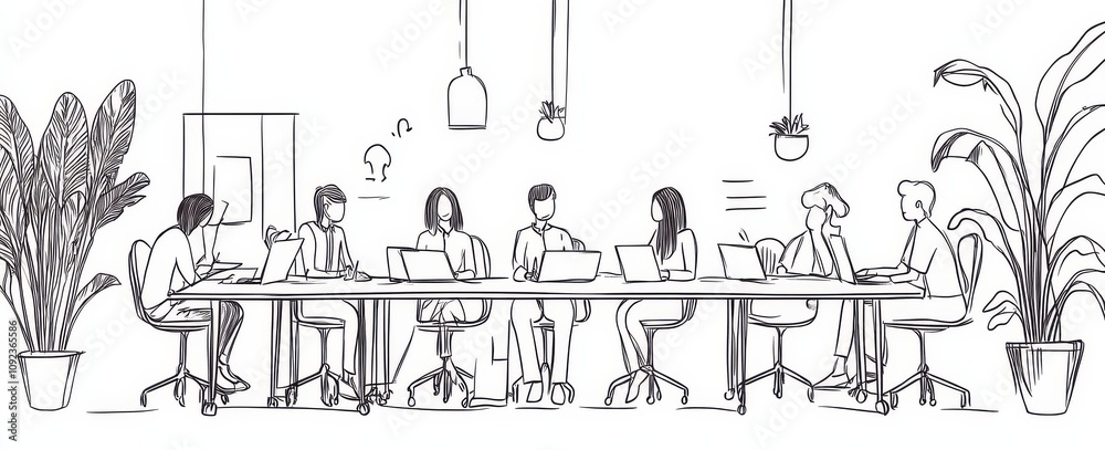 Linear style illustration of office teamwork in action.