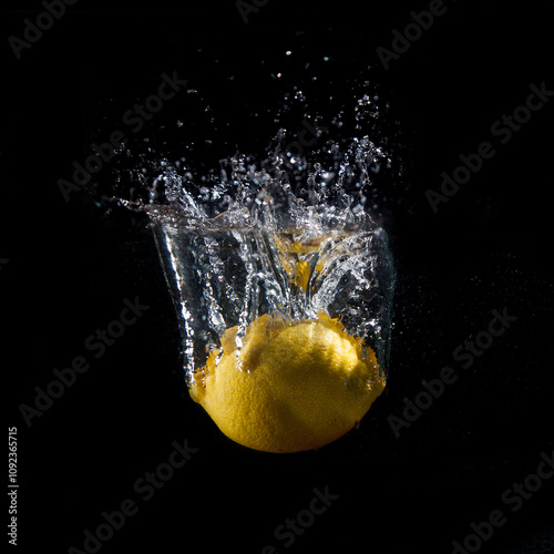 bright yellow lemon falling into the clear water